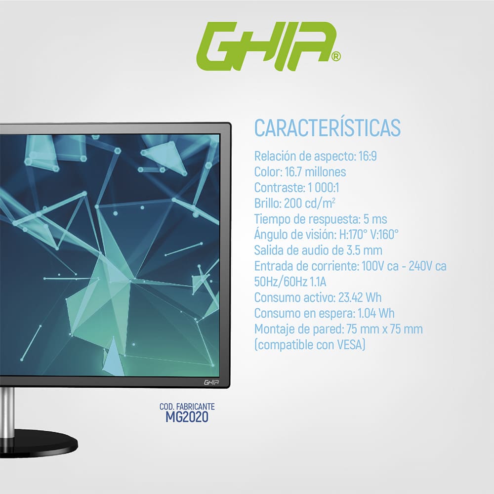 Foto 9 pulgar | Monitor Ghia Mnlg-23 Led 19.5 Pulgadas 1366x768 Vga/hdmi color Negro