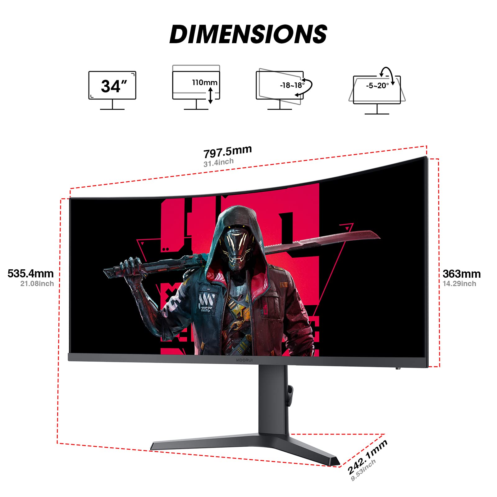 Foto 2 | Monitor Koorui De 34 Pulgadas, Ultraancho, Curvo, 144 Hz, 165 Hz, Wqhd, 3440 X 1440 - Venta Internacional.