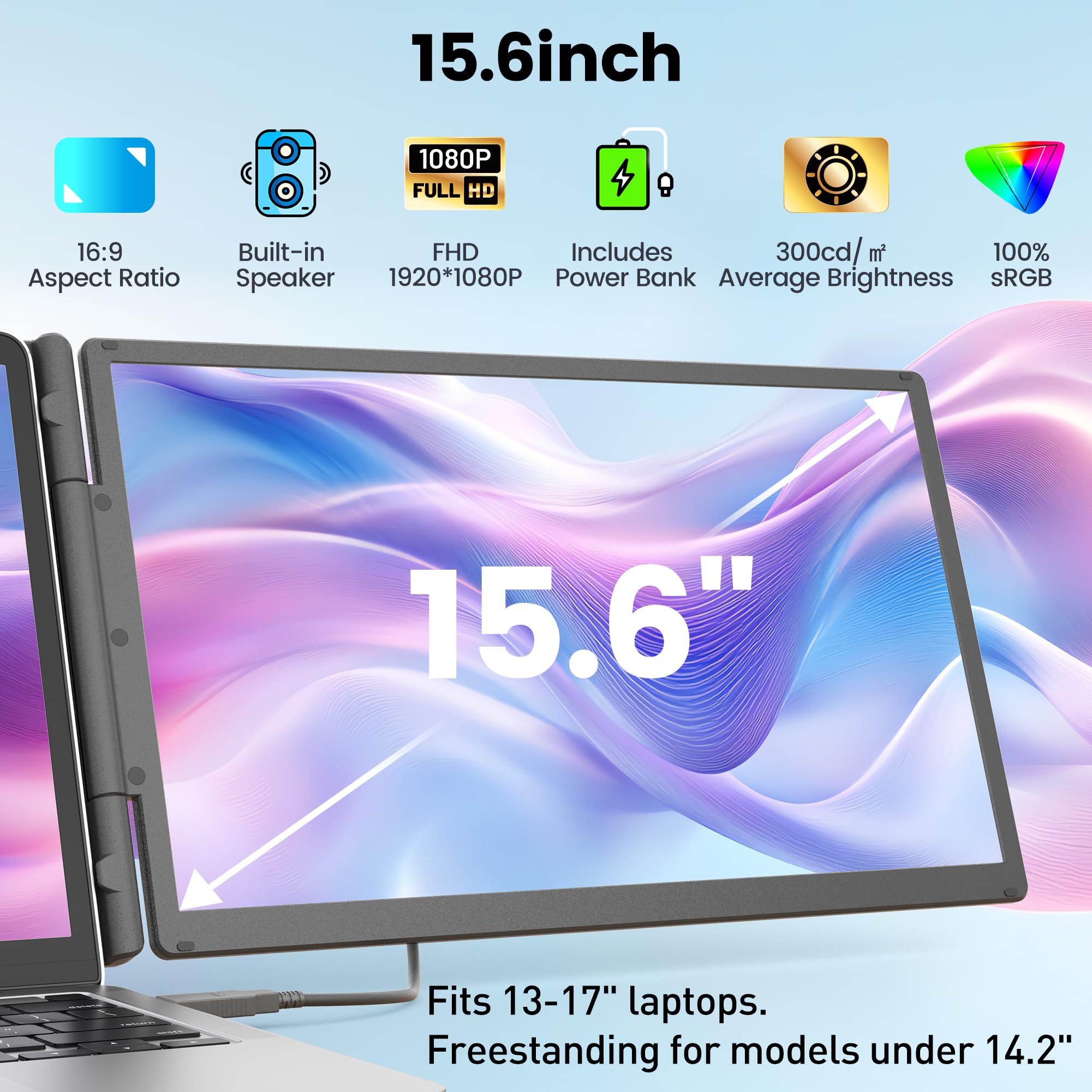 Foto 2 | Extensor De Pantalla Para Portátil Kefeya 15.6 Pulgadas Fhd 1080p Ips Con Banco De Energía - Venta Internacional.