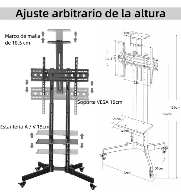 Foto 3 pulgar | Soporte De Tv Móvil Xtellar  Ajustable Y Con Ruedas  Compatible Con Pantallas De 32-65 Pulgadas.