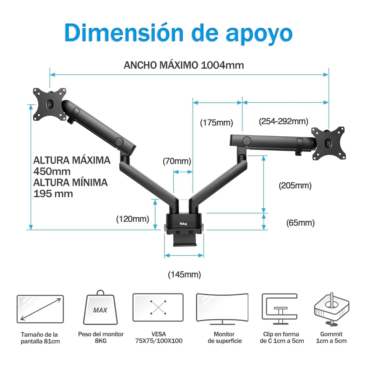 Foto 3 pulgar | Soporte De Monitor  Belug Ajustable De Doble Brazo Con Bandeja Negro