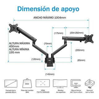 Foto 2 | Soporte De Monitor Belug Ajustable De Doble Brazo Con Bandeja Negro