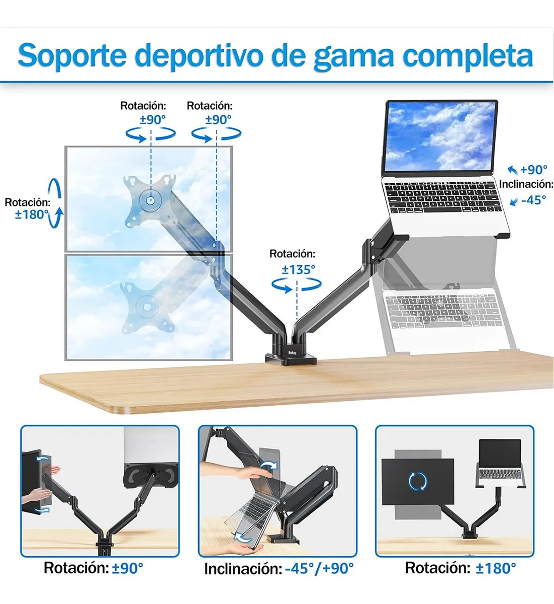 Foto 4 pulgar | Soporte De Monitor  Belug Ajustable De Doble Brazo Con Bandeja Negro