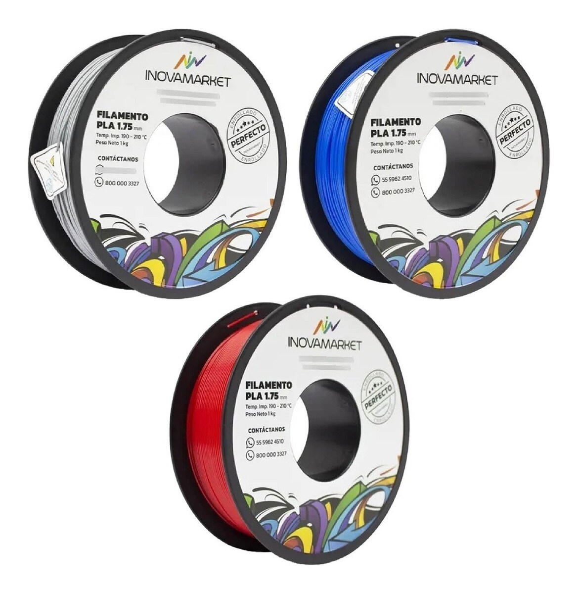 Paquete 3 Rollos Filamento Pla Inovamarket Colores A Elegir $2,942