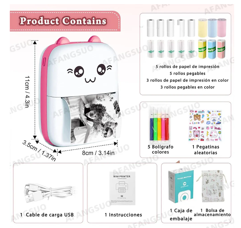 Foto 3 | Mini Impresora Portátil Térmica Para iOS/Android con 16 Rollos de Papel y Conexión Bluetooth