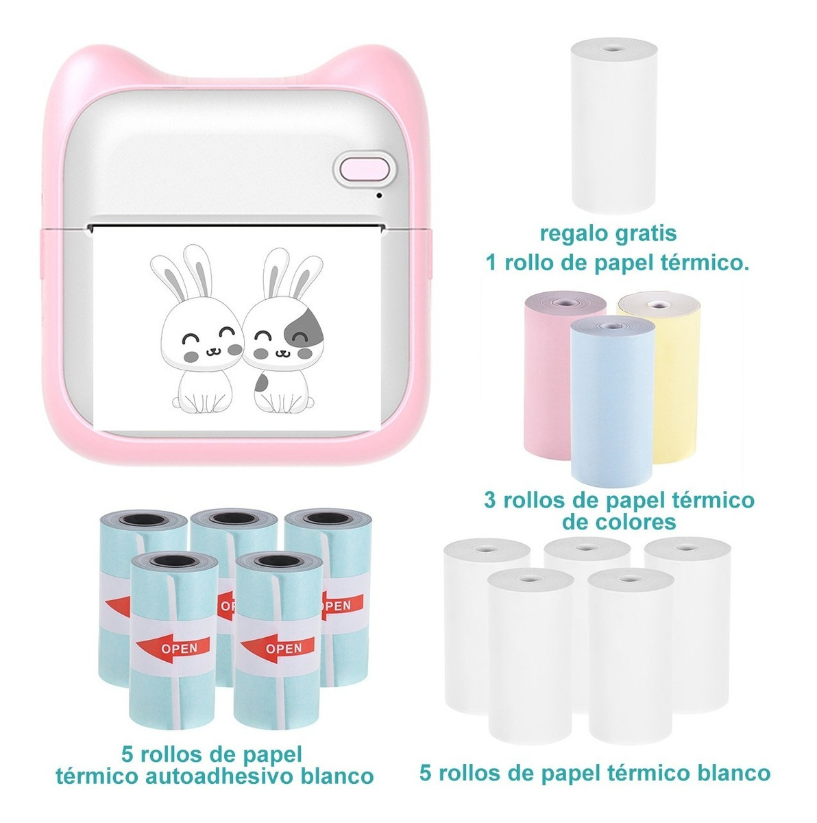 Mini Impresora Térmica Bluetooth Portátil,14 Rollos, 57*25mm