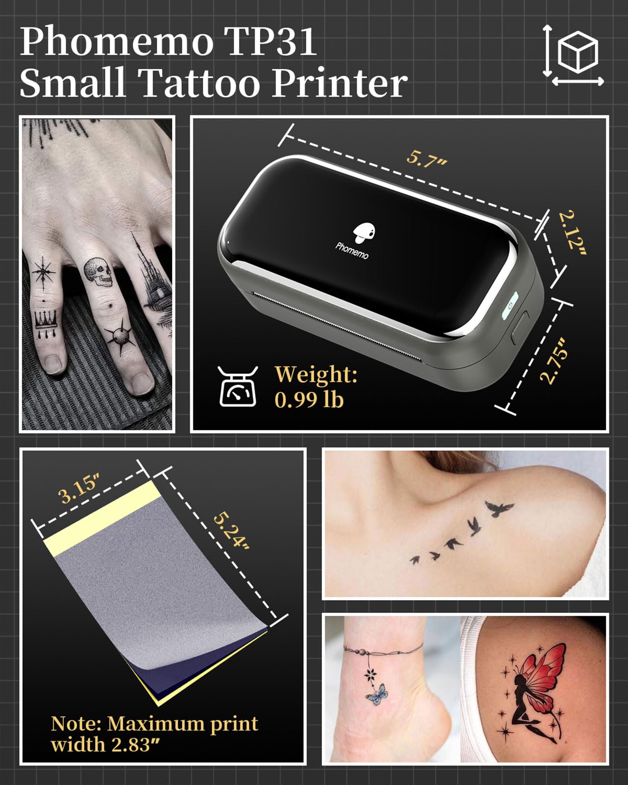 Foto 5 pulgar | Impresora Inalámbrica De Plantillas De Tatuajes Phomemo Tp31 Con Papel De Transferencia 30 - Venta Internacional.