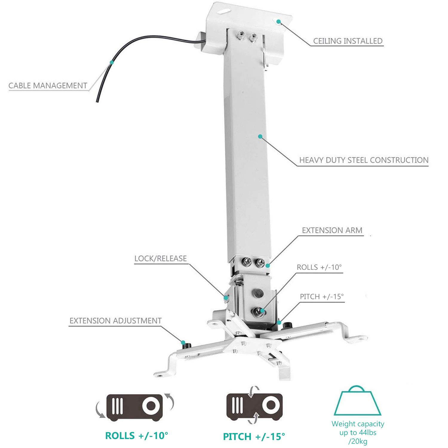 Foto 3 | Soporte Para Proyector Wali Universal Pm-001-w Para Techo, 20 Kg, Blanco - Venta Internacional.