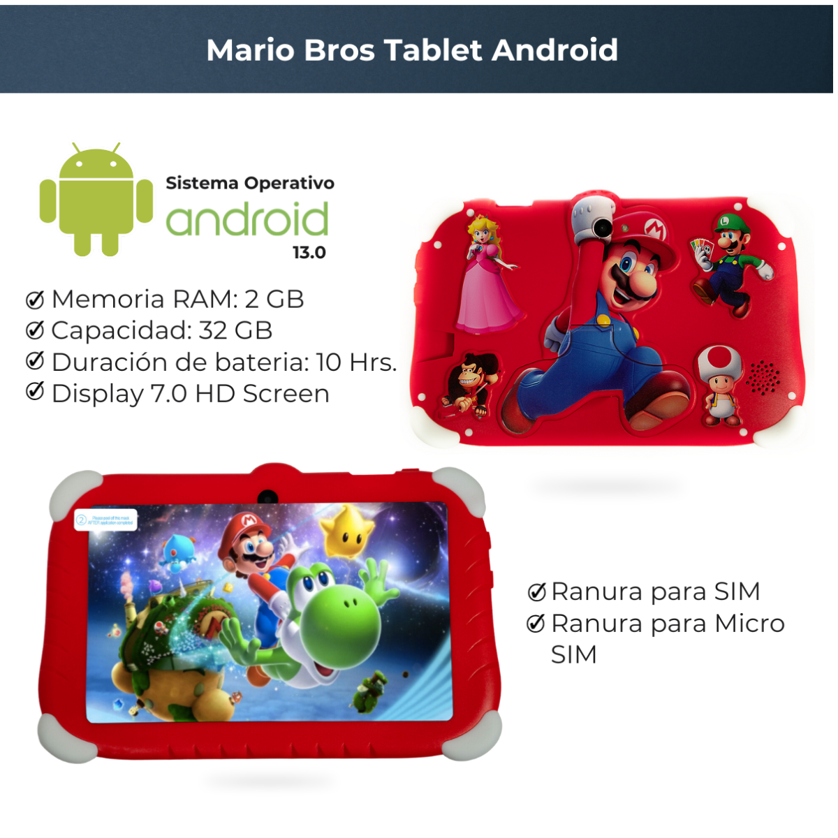 Foto 6 pulgar | Tablet 7 Pulgadas Esoquiero Mario Bros Hd Android 32 Gb 2 Gb Ram Roja