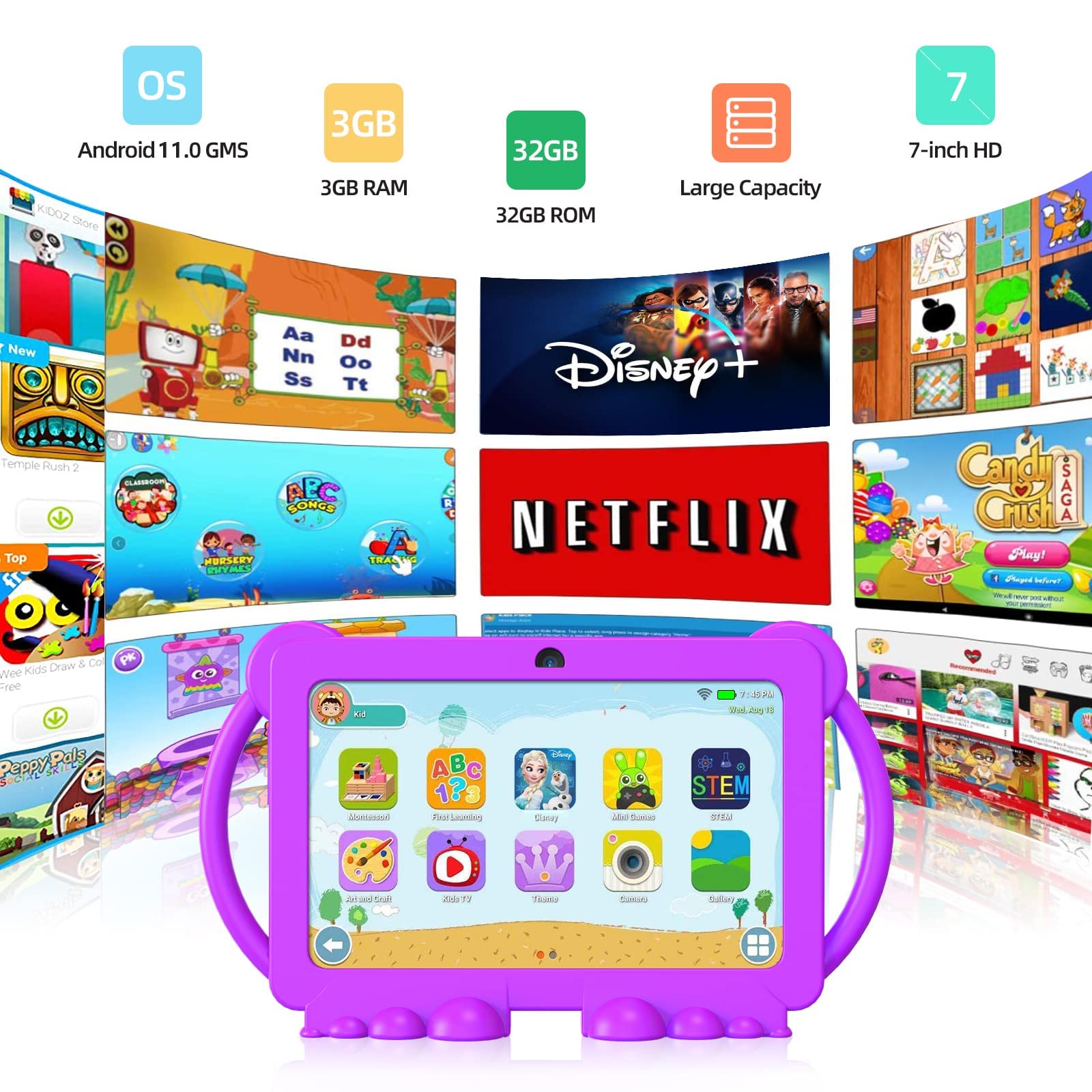 Foto 3 | Tableta Infantil Yobanse de 7" 3 GB de Ram 32 GB de Rom Android 11.0 Violeta - Venta Internacional