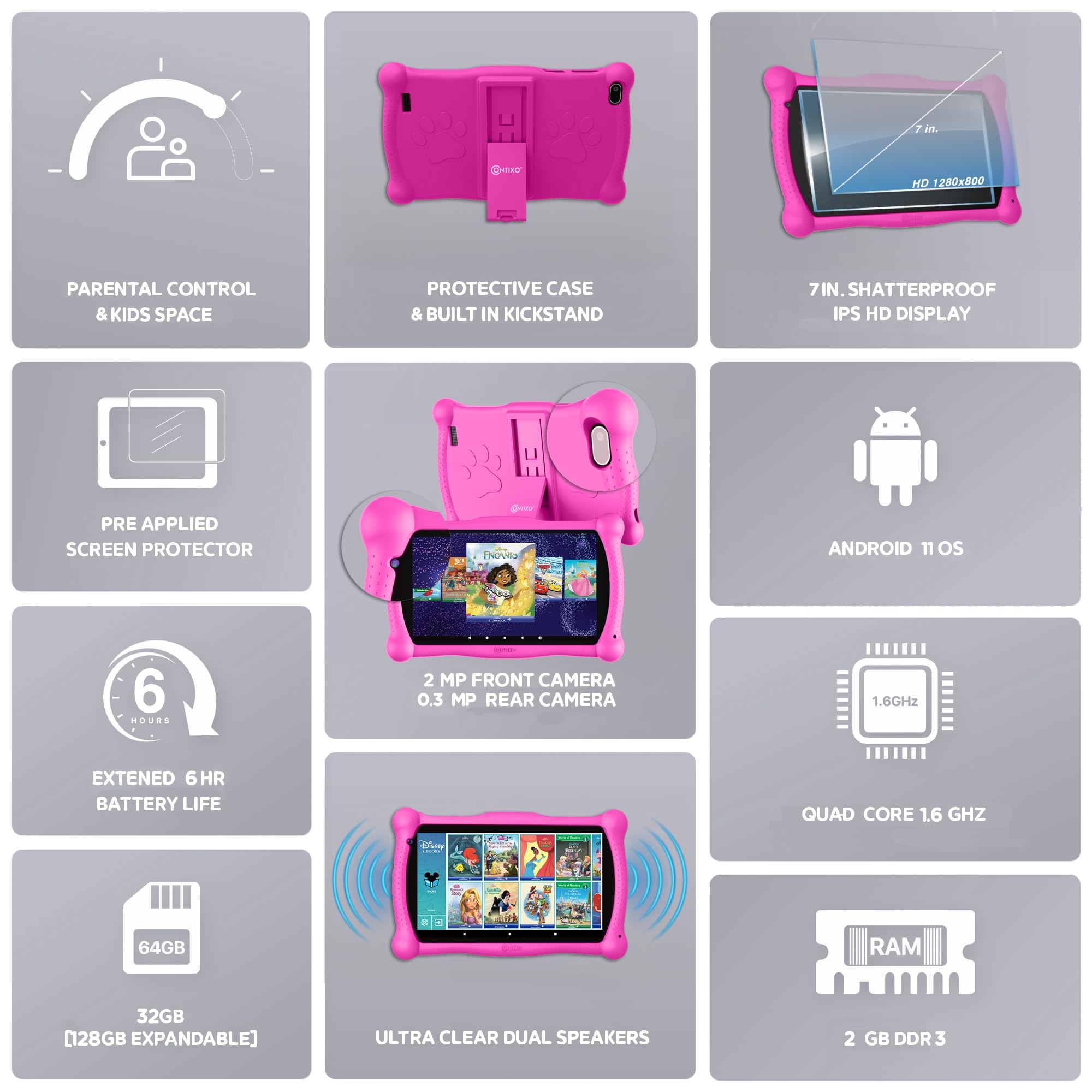 Foto 7 pulgar | Tablet Contixo 7 Disney Kids Learning Wifi Bluetooth Rosa - Venta Internacional.