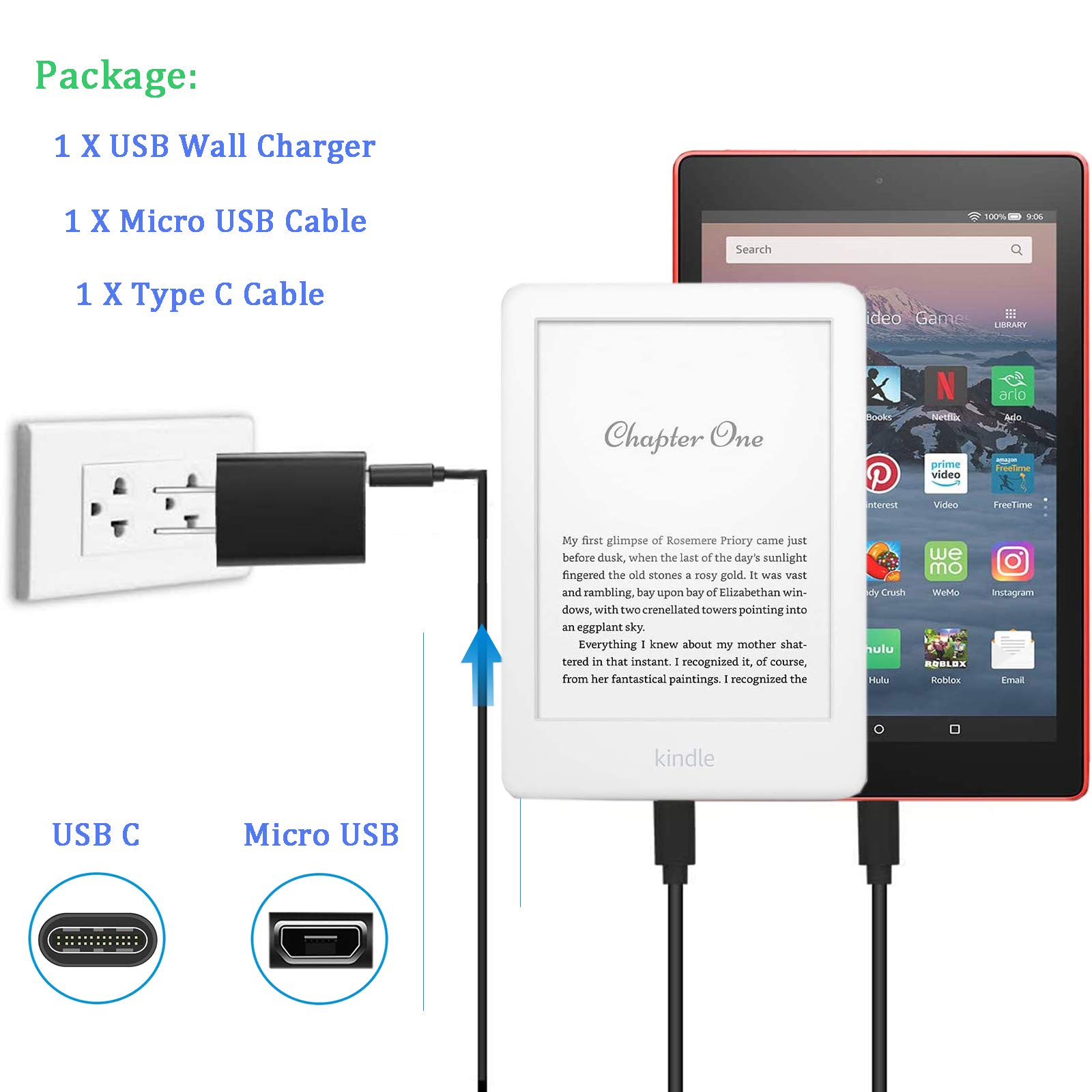 Foto 3 pulgar | Cargador Toniwa Apto Para Tableta Kindle Fire Con 1,5 M Tipo C Y Micro Usb - Venta Internacional.