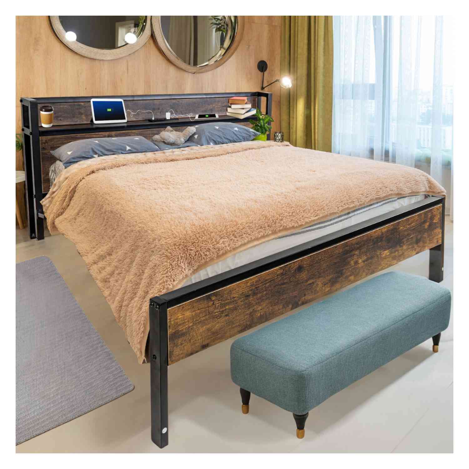 Base Cama Matrimonial Usb Country Tipo Madera Moderna Houzer