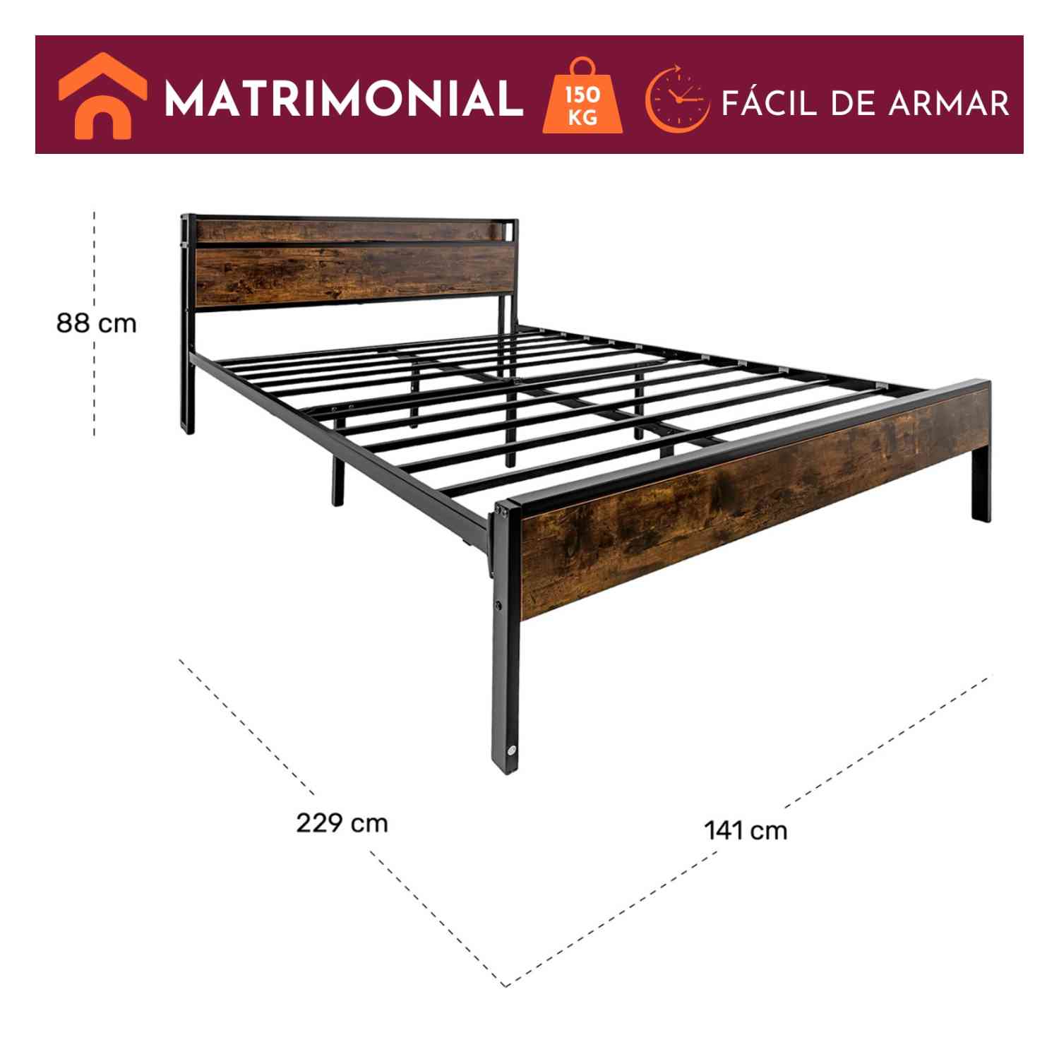 Foto 9 pulgar | Base Cama Matrimonial Usb Country Tipo Madera Moderna Houzer