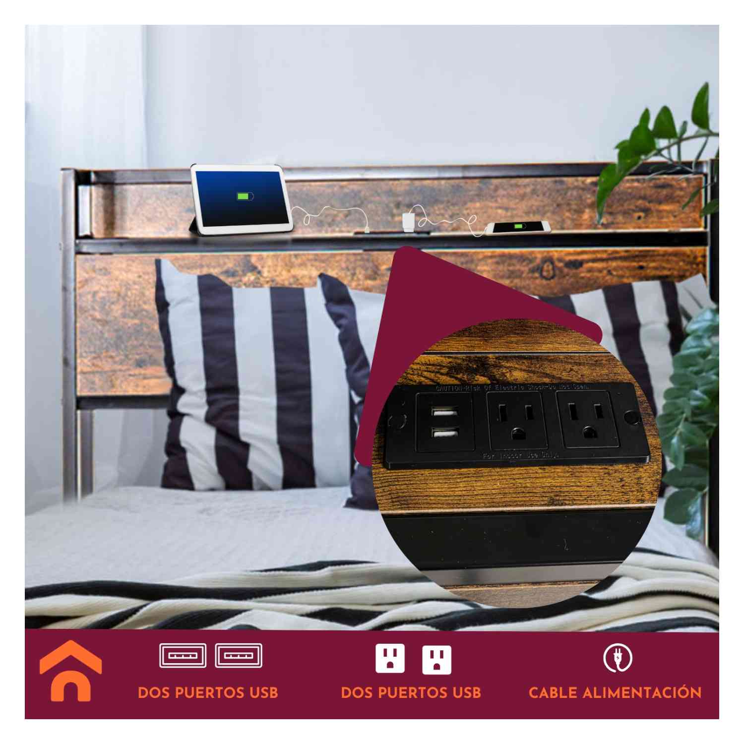 Foto 2 | Base Cama Individual Usb Country Tipo Madera Moderna Houzer