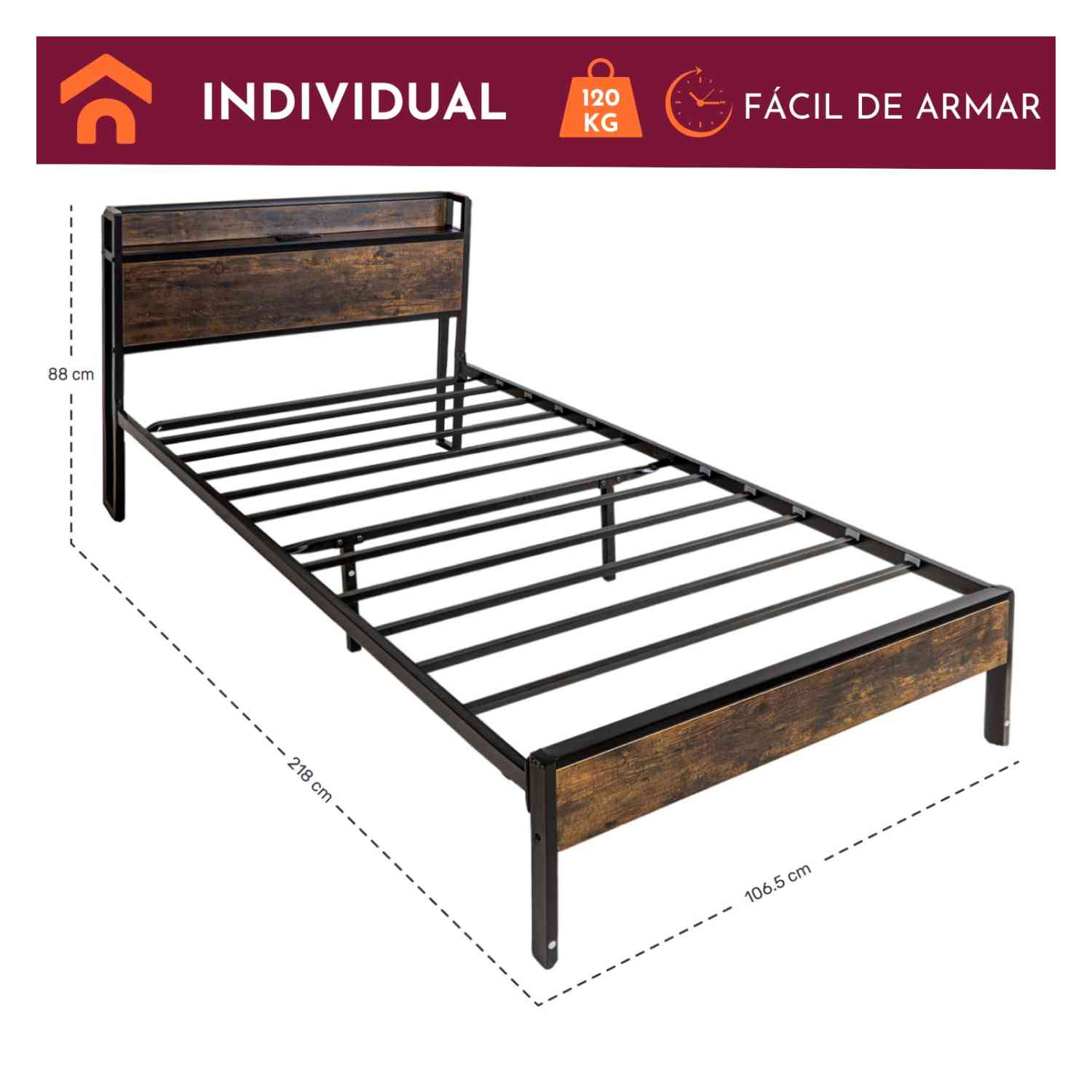 Foto 9 pulgar | Base Cama Individual Usb Country Tipo Madera Moderna Houzer