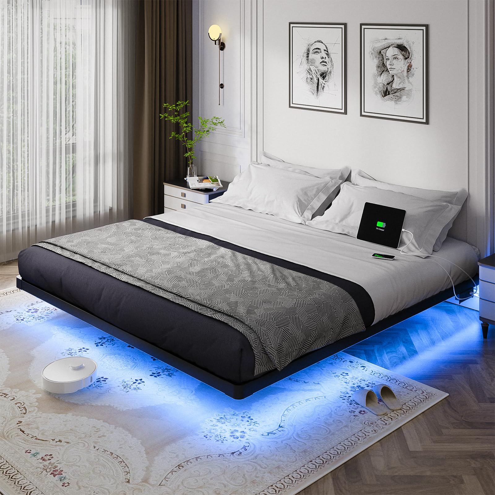Somier Flotante Olevs De Metal Tamaño King Con Luz Led Y Cargador - Venta Internacional.