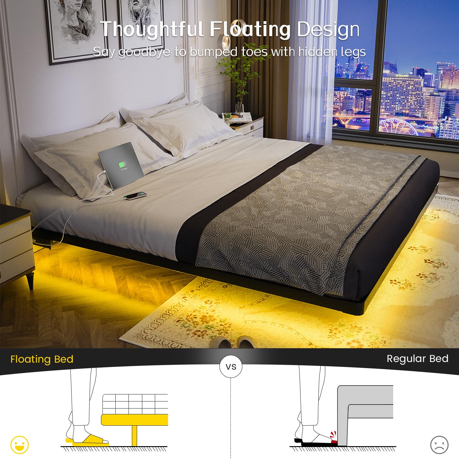 Foto 3 | Somier Flotante Olevs De Metal Tamaño King Con Luz Led Y Cargador - Venta Internacional.