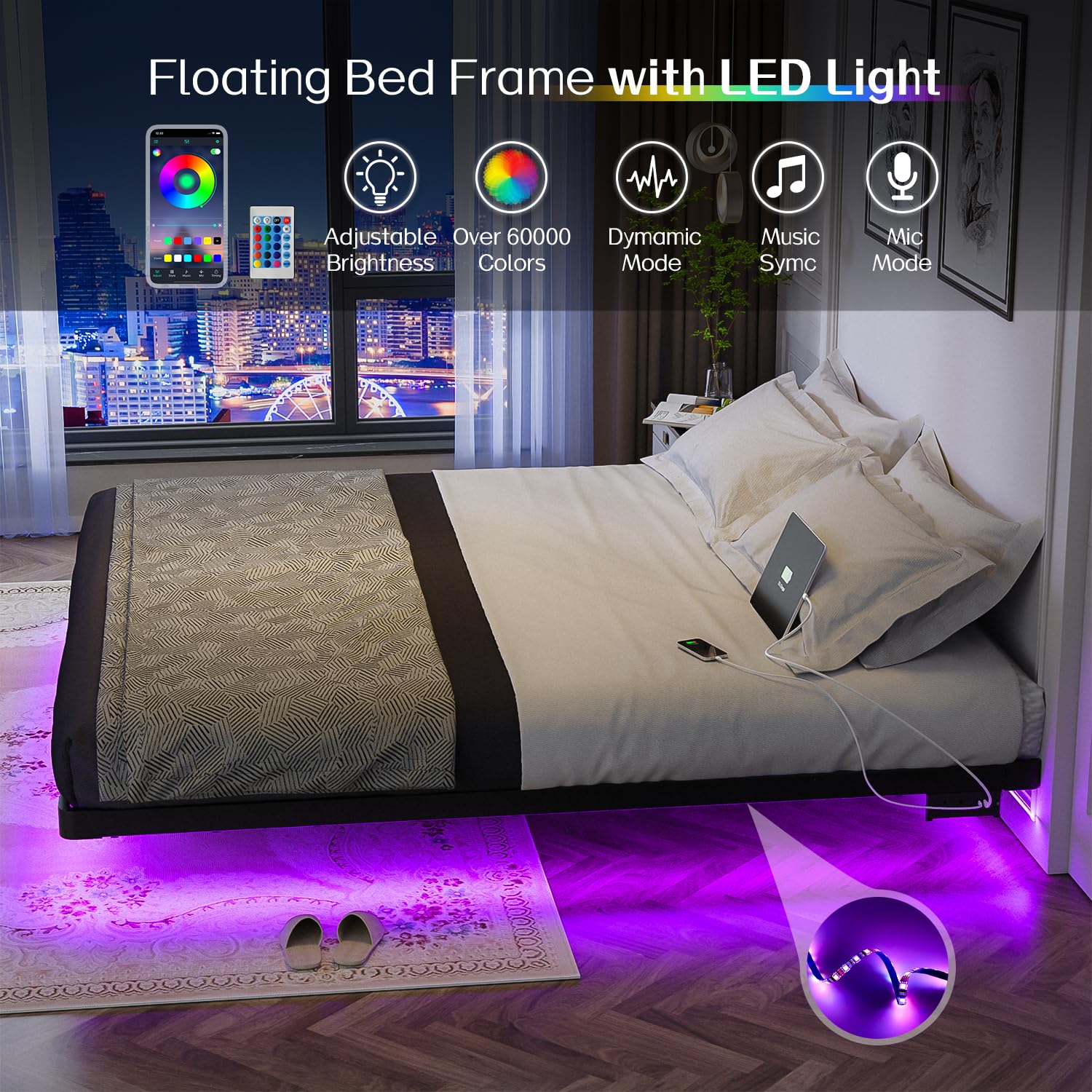 Foto 5 pulgar | Somier Flotante Olevs De Metal Tamaño King Con Luz Led Y Cargador - Venta Internacional.