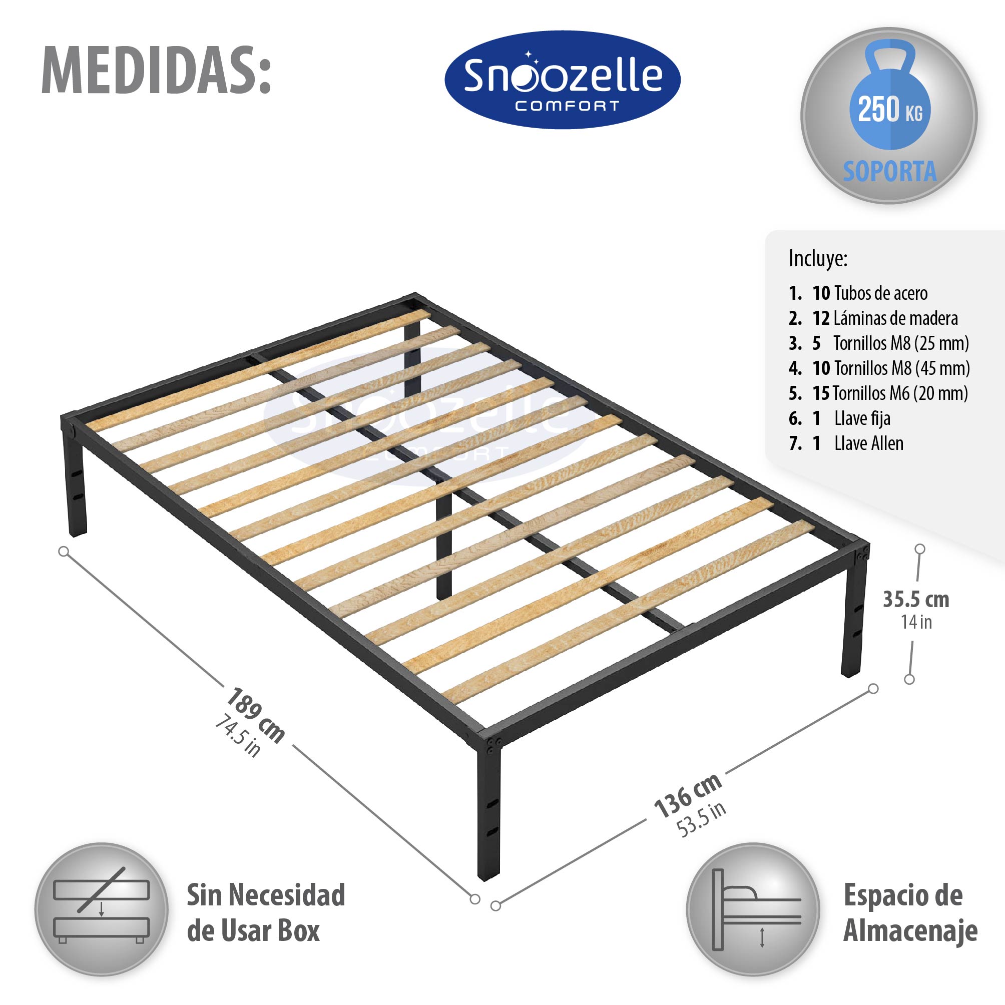 Foto 5 pulgar | Magma Life Base De Cama Matrimonial De Metal Resistente, Plataforma Con Espacio De Almacenamiento, Fácil Armado