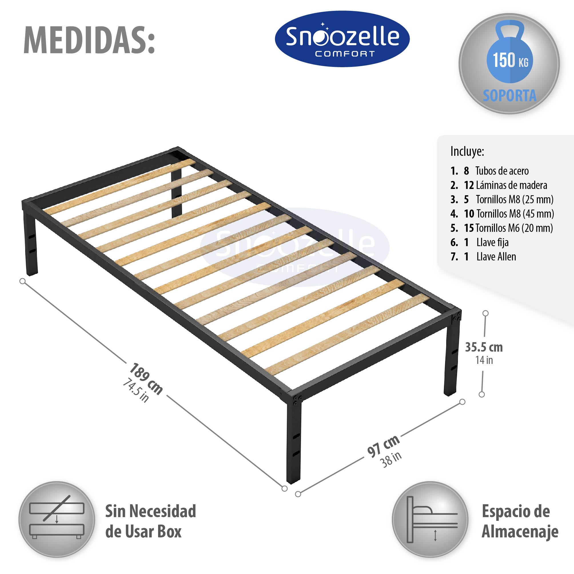 Foto 5 pulgar | Magma Life Base De Cama Individual De Metal Resistente, Plataforma Con Espacio De Almacenamiento, Fácil Armado