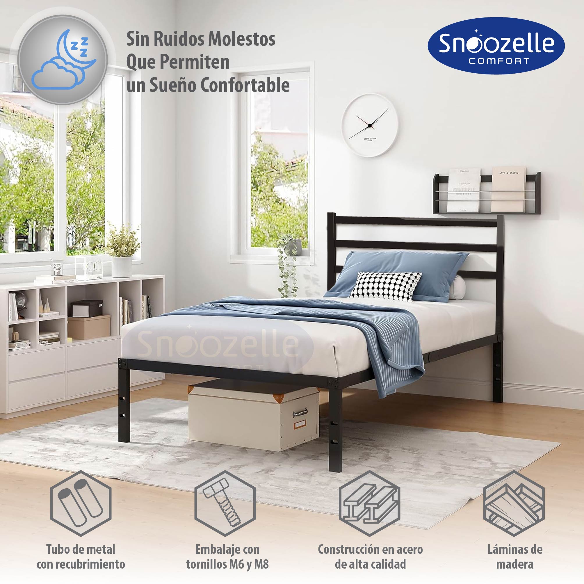 Foto 2 | Magma Life Base De Cama Individual Con Cabecera De Metal Resistente, Plataforma Con Espacio De Almacenamiento,