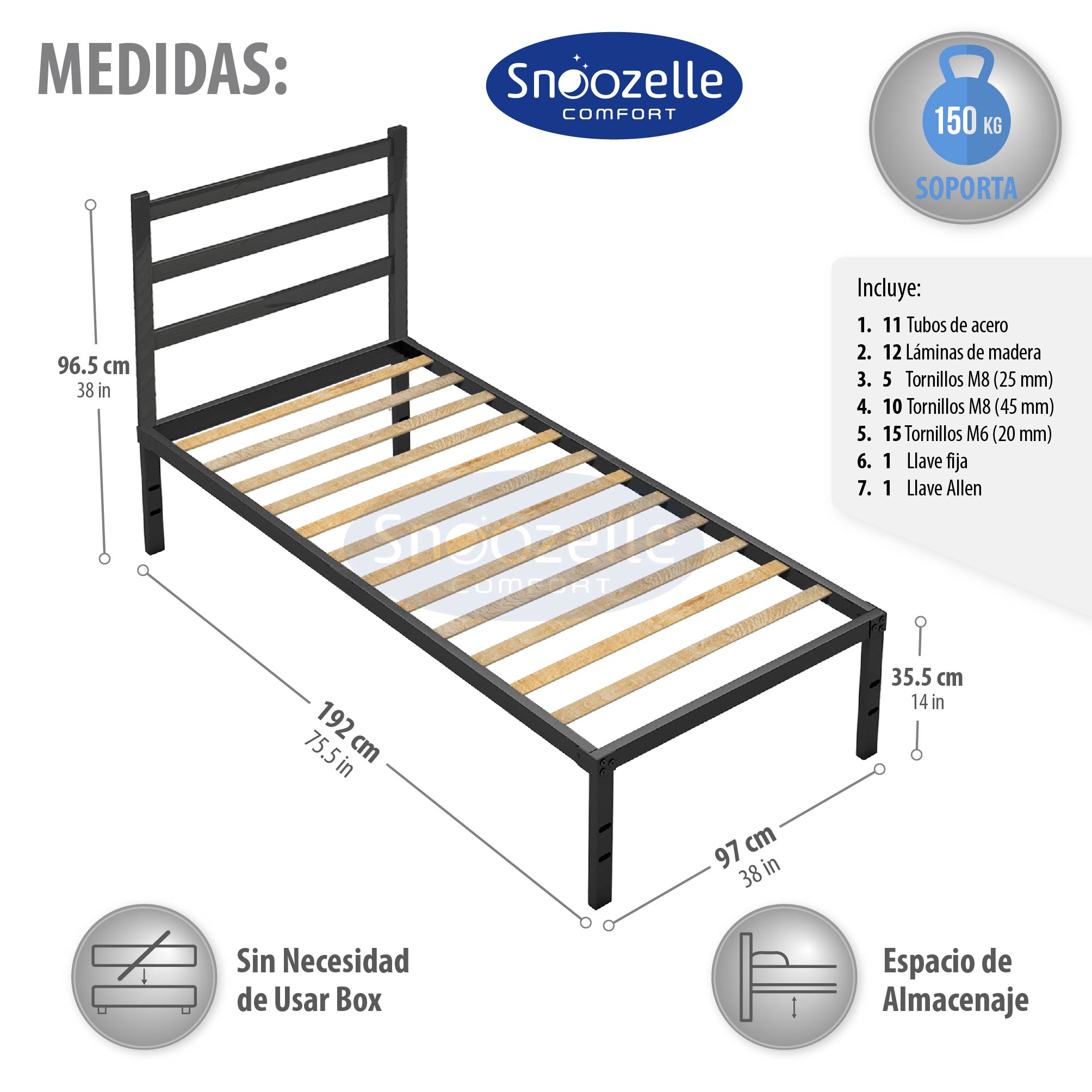 Foto 5 pulgar | Magma Life Base De Cama Individual Con Cabecera De Metal Resistente, Plataforma Con Espacio De Almacenamiento,