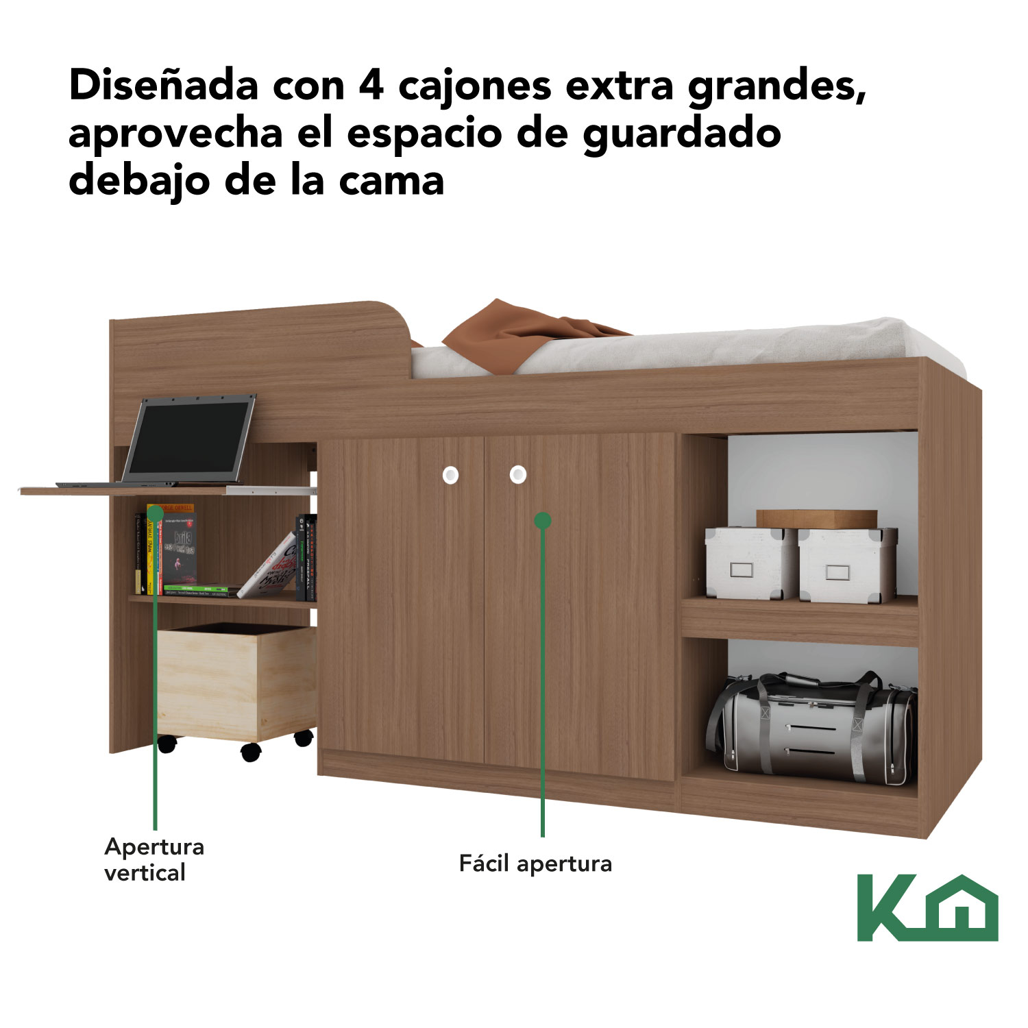 Foto 4 pulgar | Base KingsHouse KINGSINGLE9 Marrón Cama Individual - Escritorio - Cajones