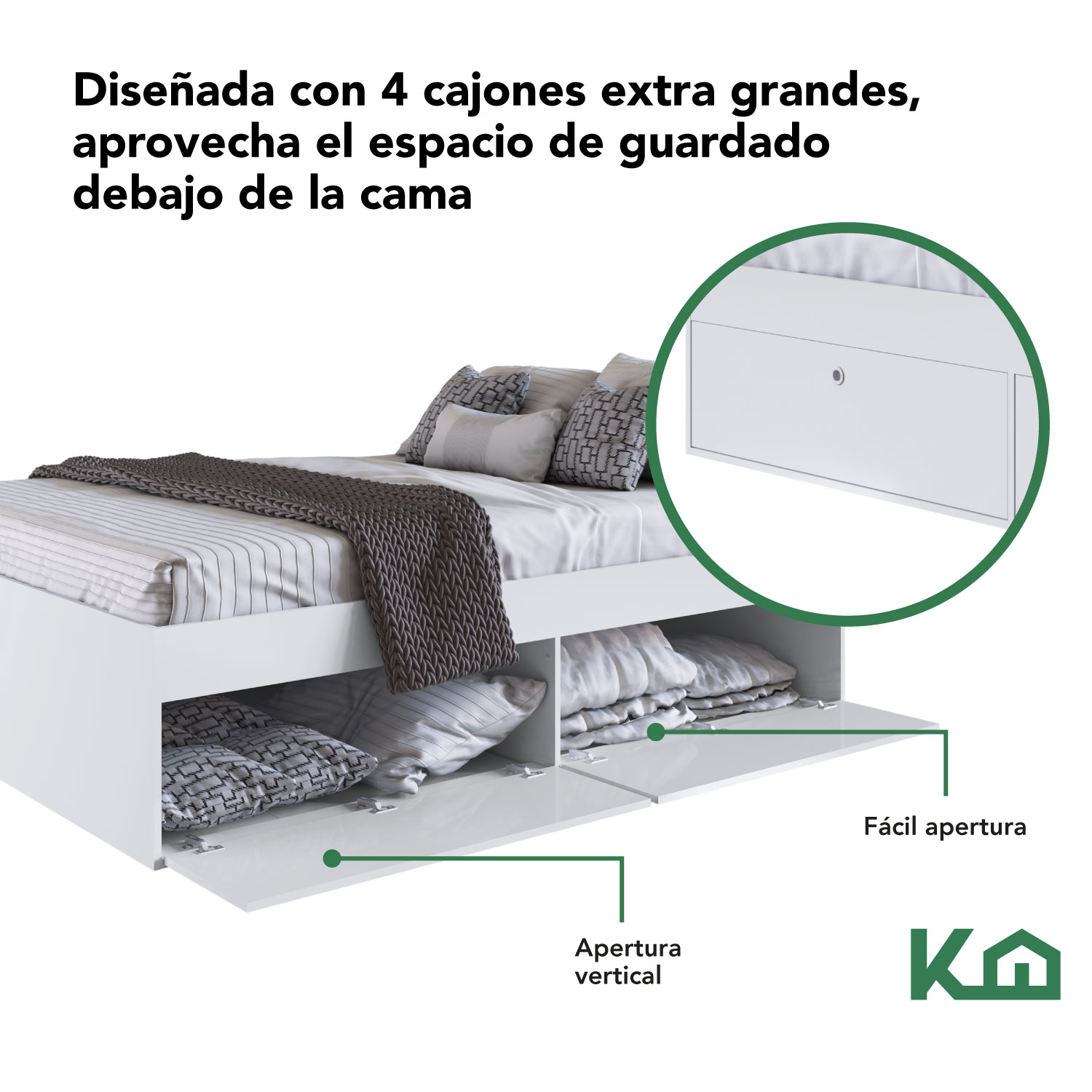 Foto 4 pulgar | Base de Cama KingsHouse KINGDOUBLE1 Blanco Matrimonial con Cajones