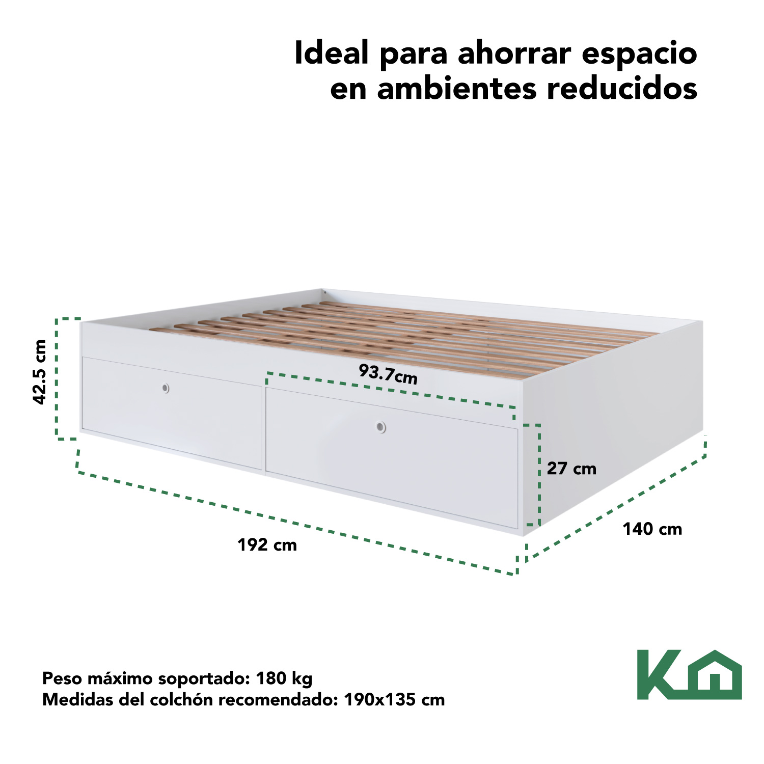 Foto 6 pulgar | Base de Cama KingsHouse KINGDOUBLE1 Blanco Matrimonial con Cajones