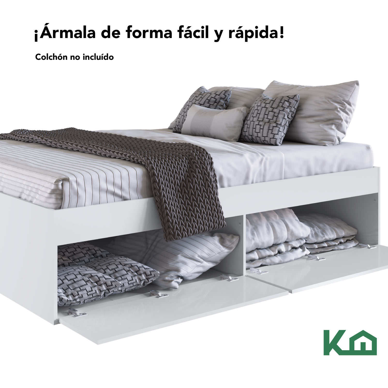 Foto 7 pulgar | Base de Cama KingsHouse KINGDOUBLE1 Blanco Matrimonial con Cajones