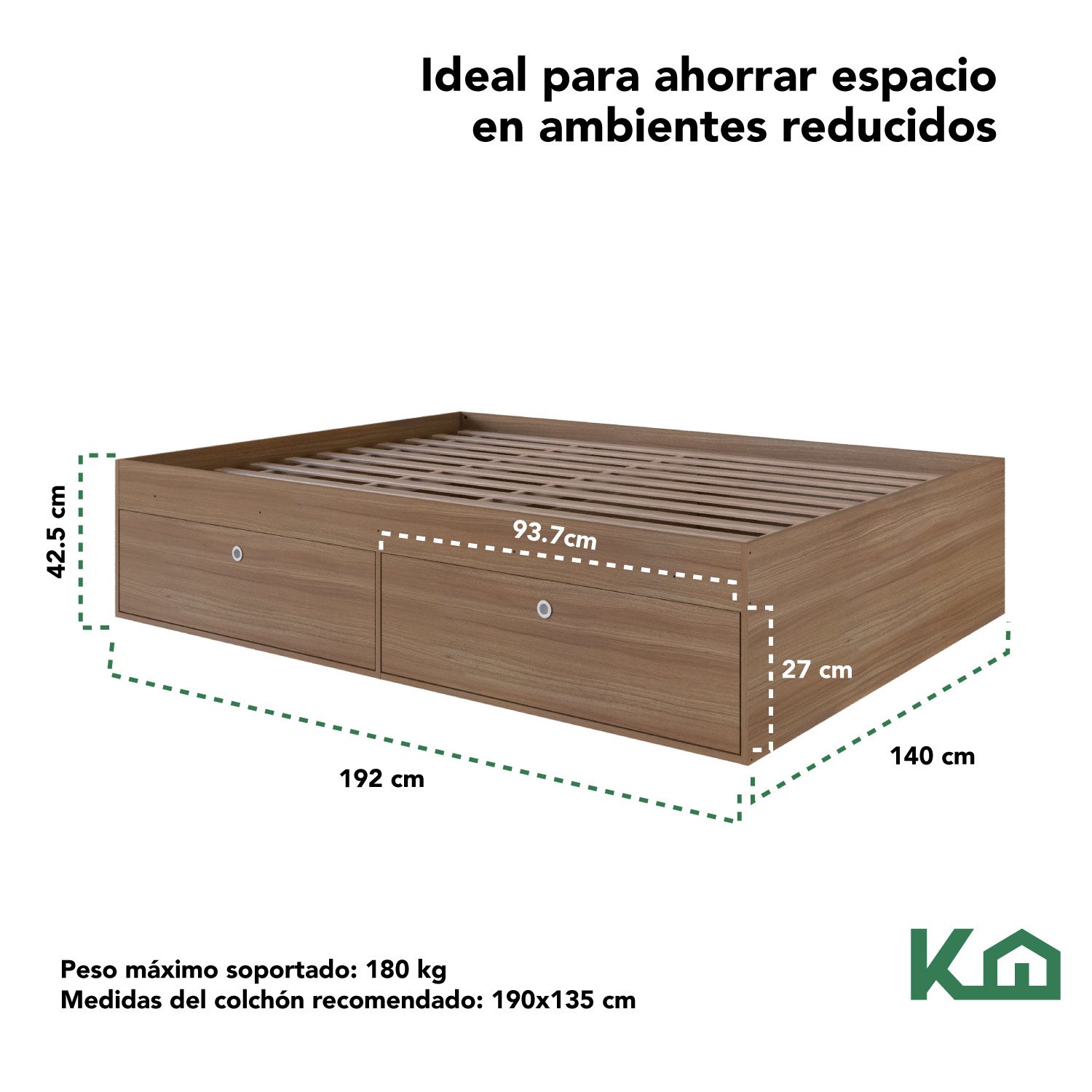 Foto 6 pulgar | Base de Cama KingsHouse KINGDOUBLE2 color Marrón Matrimonial con Cajones