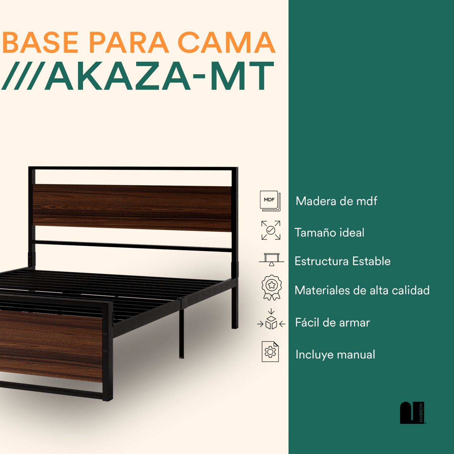 Foto 2 | Base para Cama Matrimonial Mubson Akaza-MTM Marrón con Cabecera