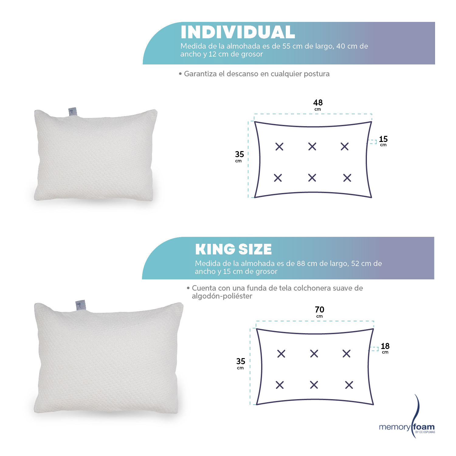 Foto 6 | Two Pack Almohadas Makura King Size Paquete De Dos Almohadas Súper Suaves De Memory Foam Individuales Color Blanco