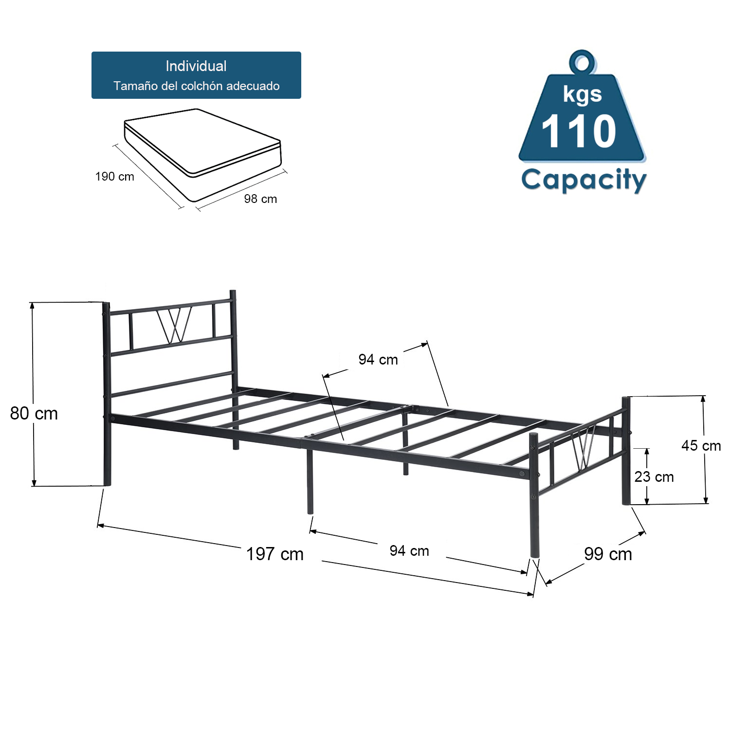 Foto 8 pulgar | Cama de Bases Koke Twin Black Homemake Negro 197 x 99 x 80 cm