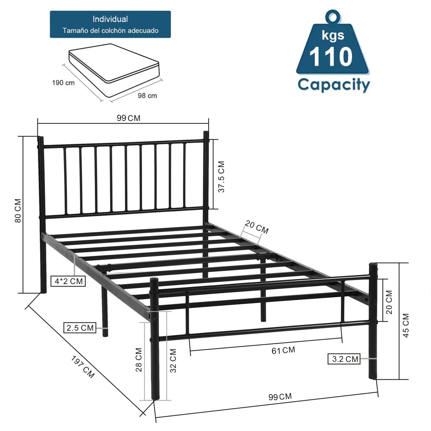 Foto 8 pulgar | Cama de Bases Homemake  Kessie Twin Black C Negro 197 x 99 x 80 cm