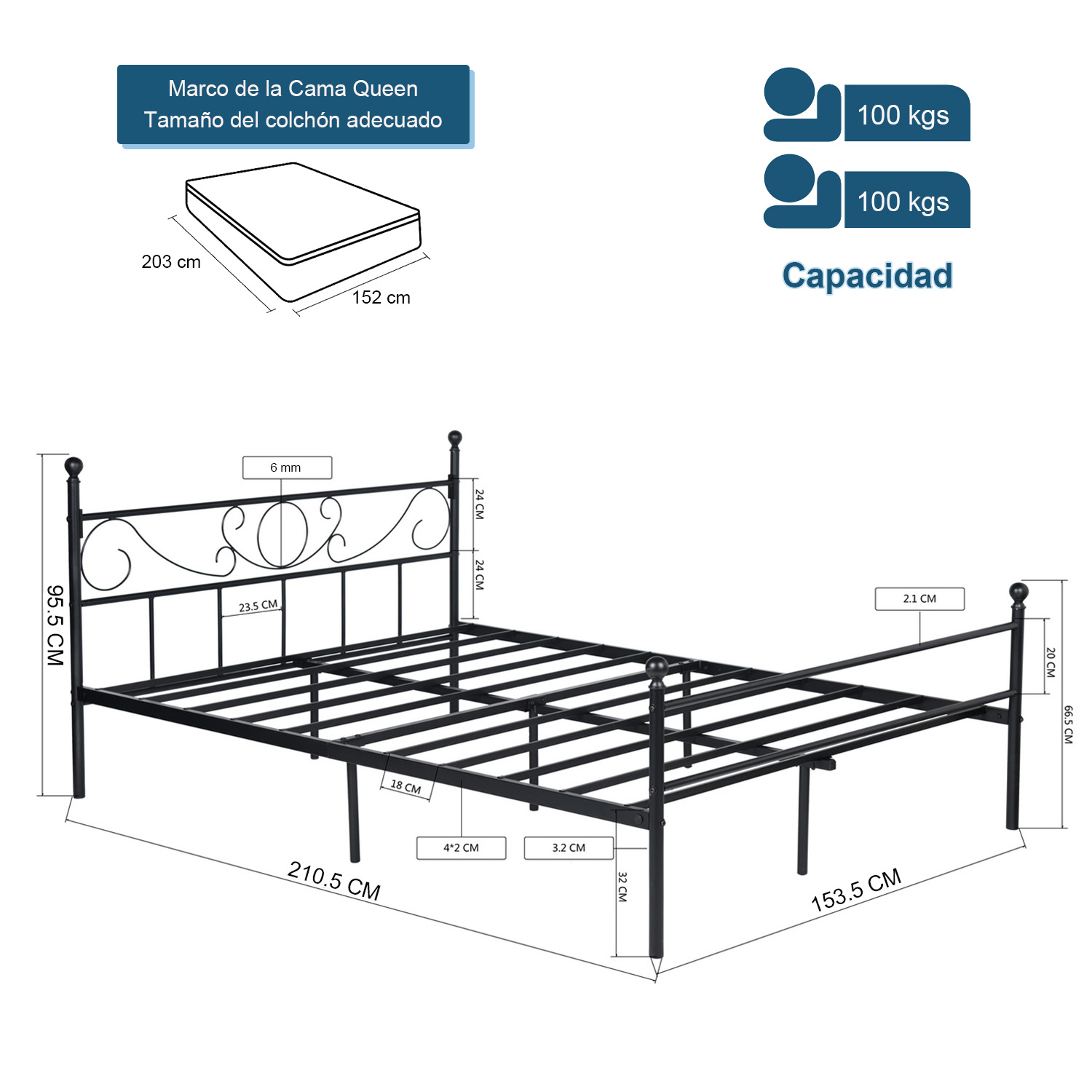 Foto 7 pulgar | Base de Cama de Metal Homemake Ilker Negro 210.5 X 153.5 cm