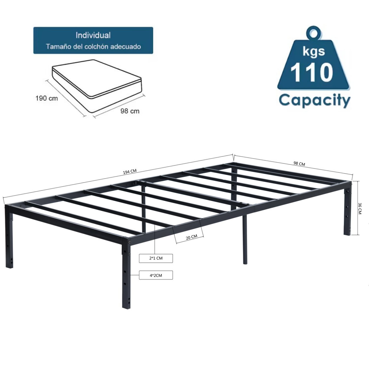 Foto 4 pulgar | Cama De Bases Kessie Yatahome Negro 194x98x36cm Individual