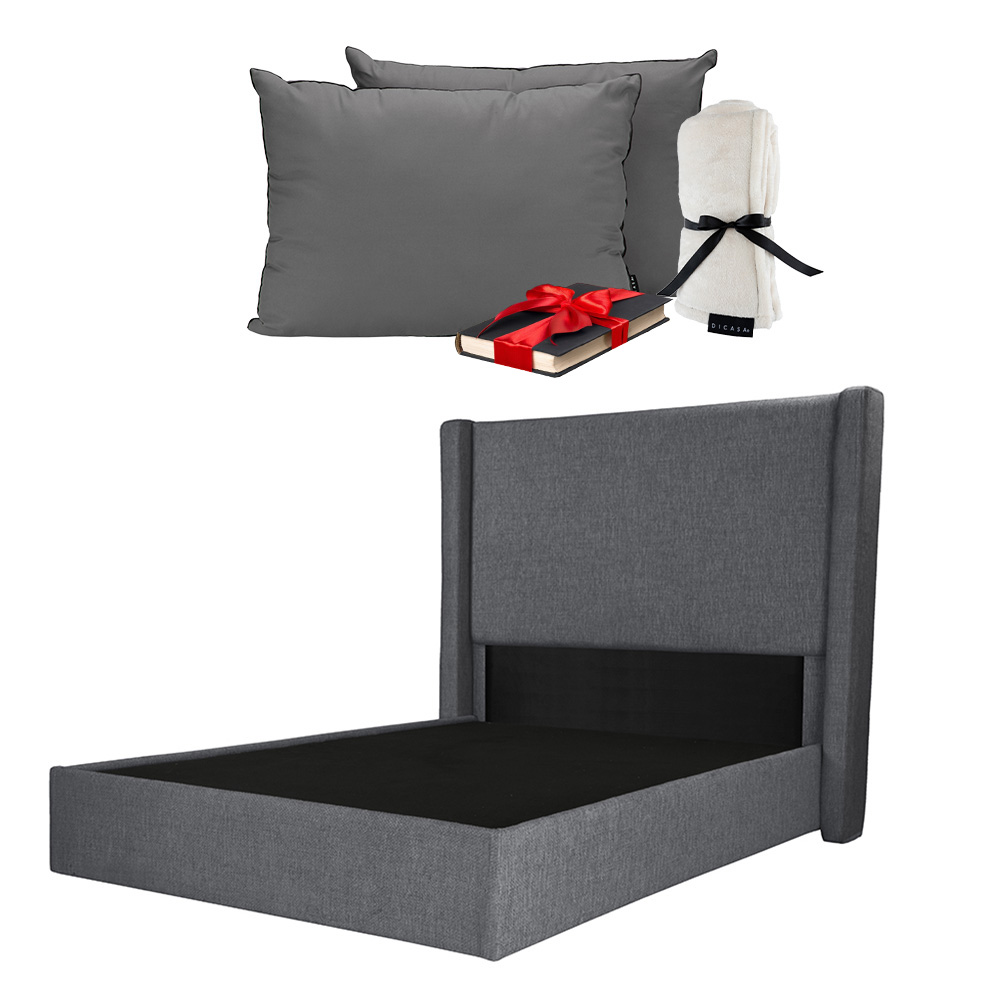 Cabecera Dicasa Planx + Base Cama Gris +  Almohadas 2 Pack +  Frazada Matrimonial