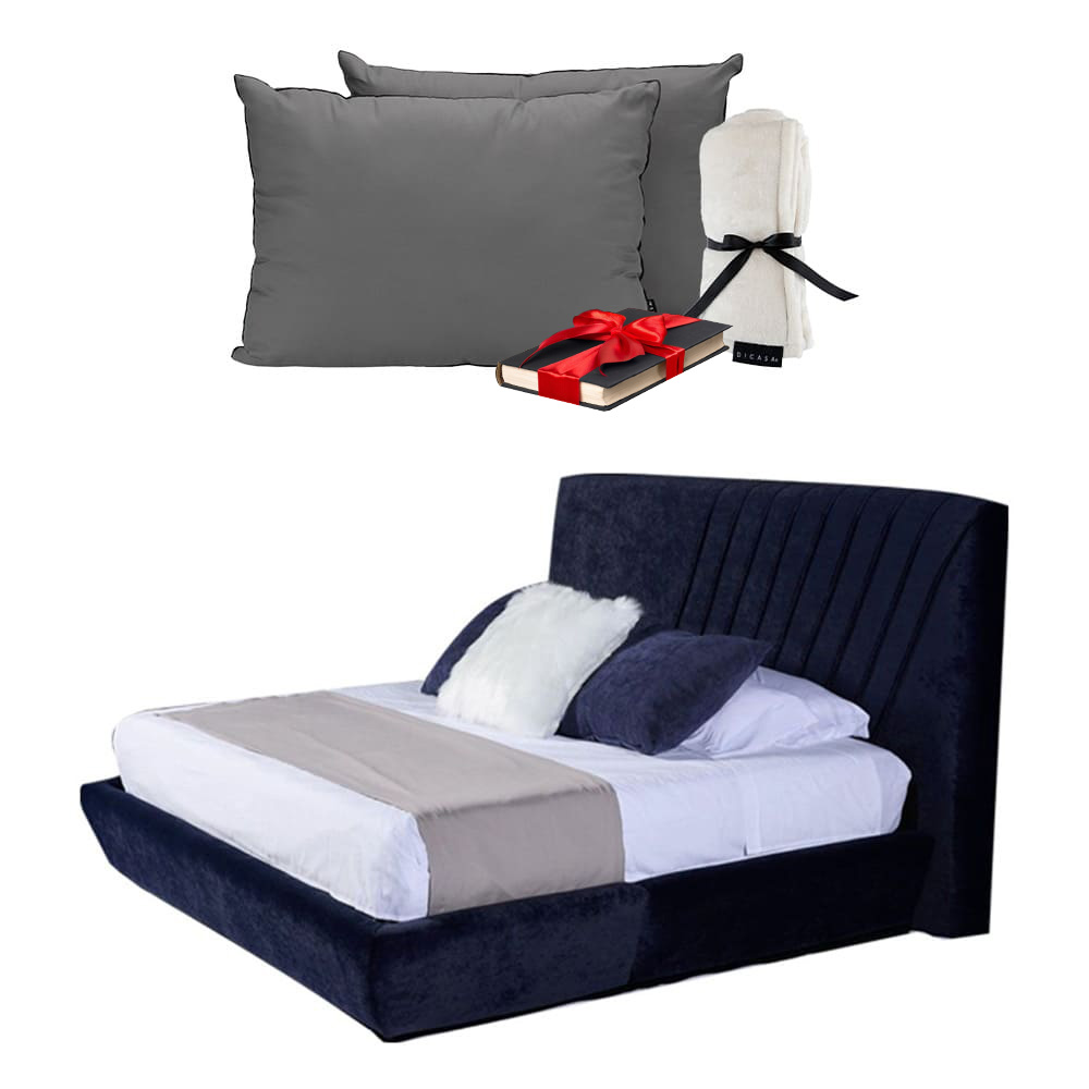 Cabecera Dicasa Drax + Base Cama Azul +  Almohadas 2 Pack +  Frazada Matrimonial