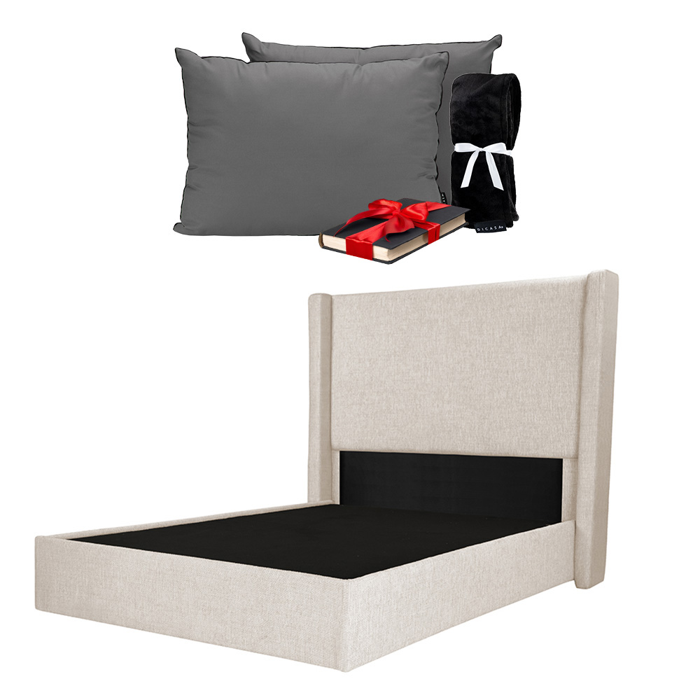 Cabecera Dicasa Planx + Base Cama Beige +  Almohadas 2 Pack +  Frazada Matrimonial