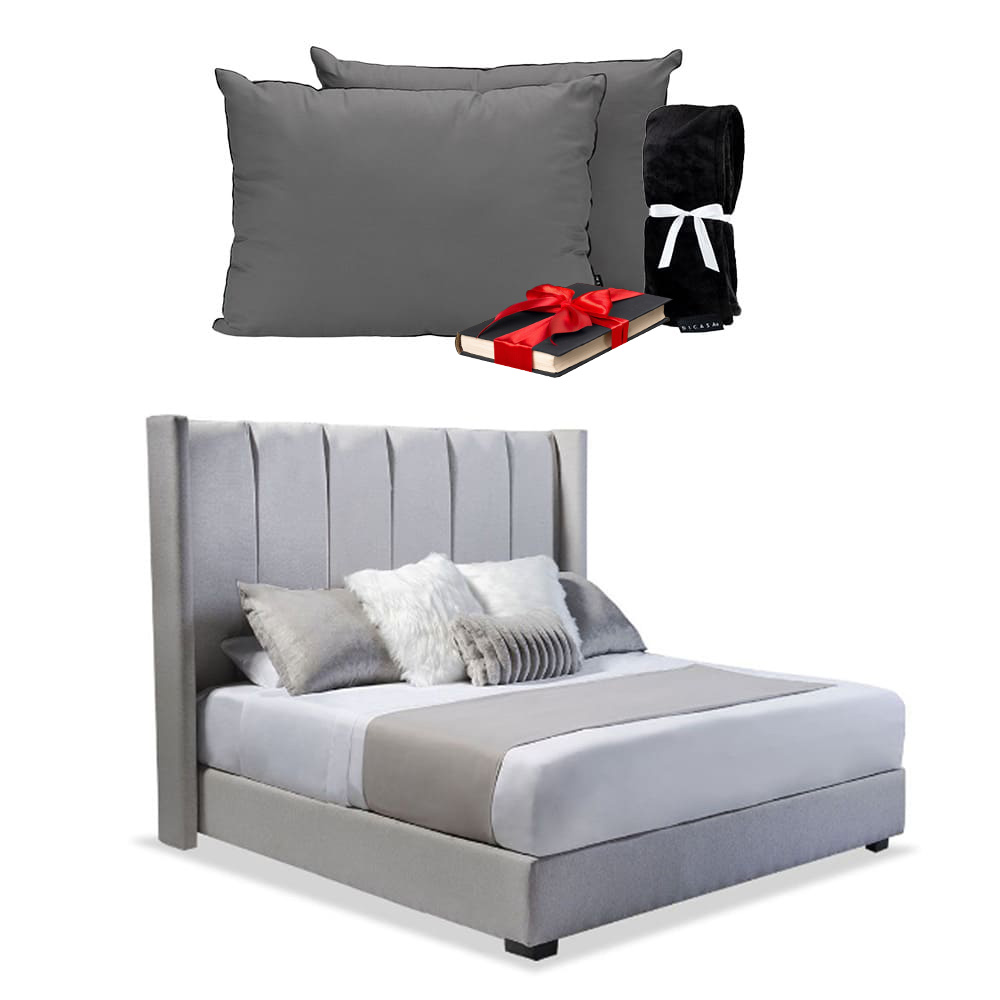 Cabecera Dicasa Linx + Base Cama Gris +  Almohadas 2 Pack +  Frazada Matrimonial