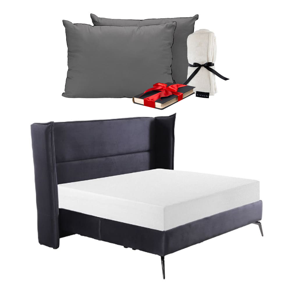 Cabecera Dicasa Nix + Base Cama Gris +  Almohadas 2 Pack +  Frazada Matrimonial