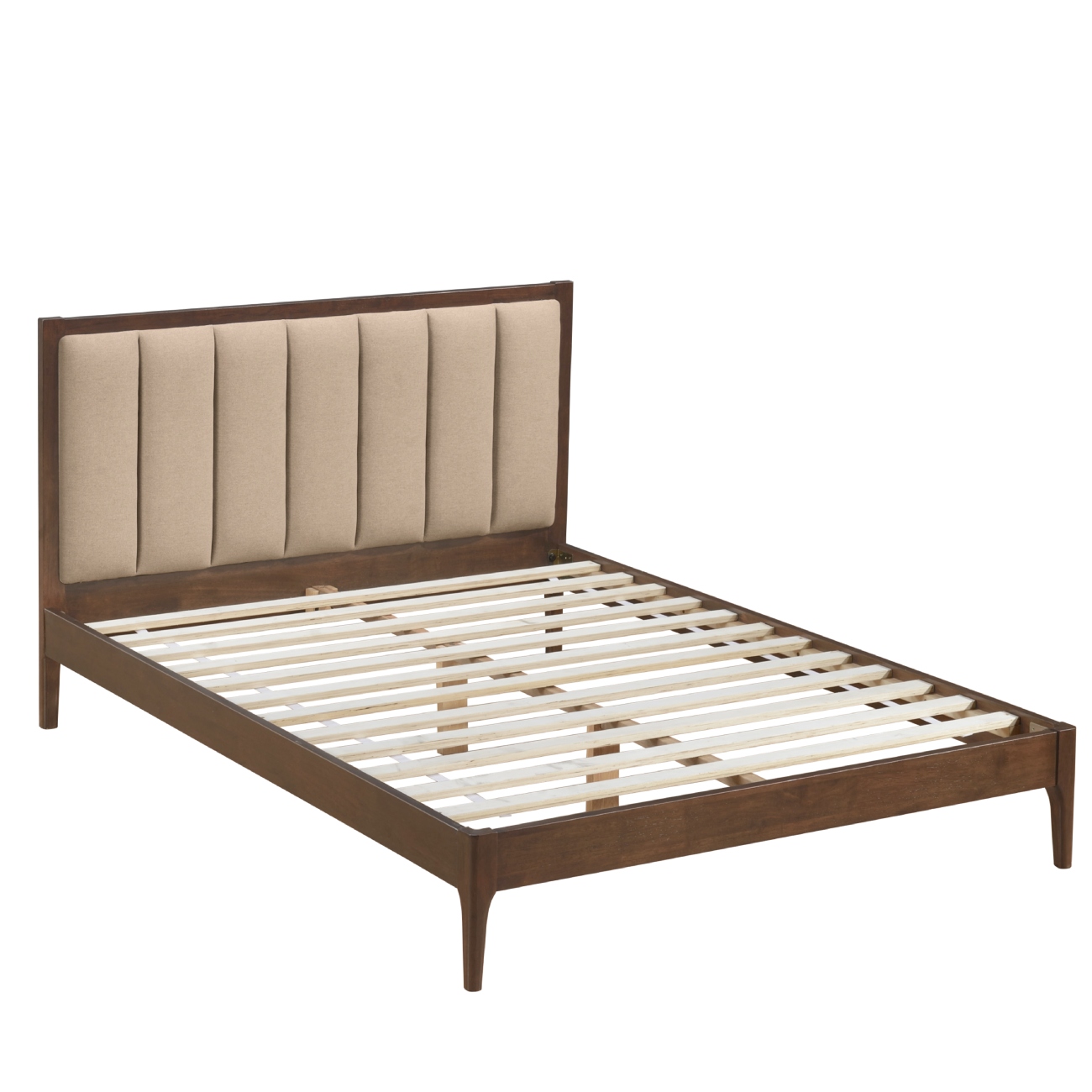 Cama Matrimonial Tapizada En Lino Beige Con Estructura De Madera De Caucho