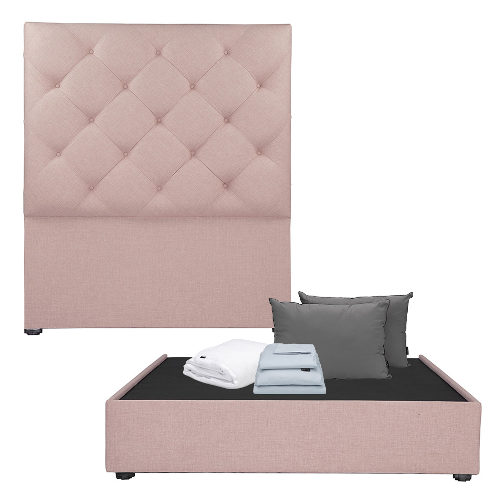 Foto 2 pulgar | Cabecera Dicasa Ikki Rosa + Base Cama Queen Size + Almohada 2pack + Protector Cloud + Sabanas Softy