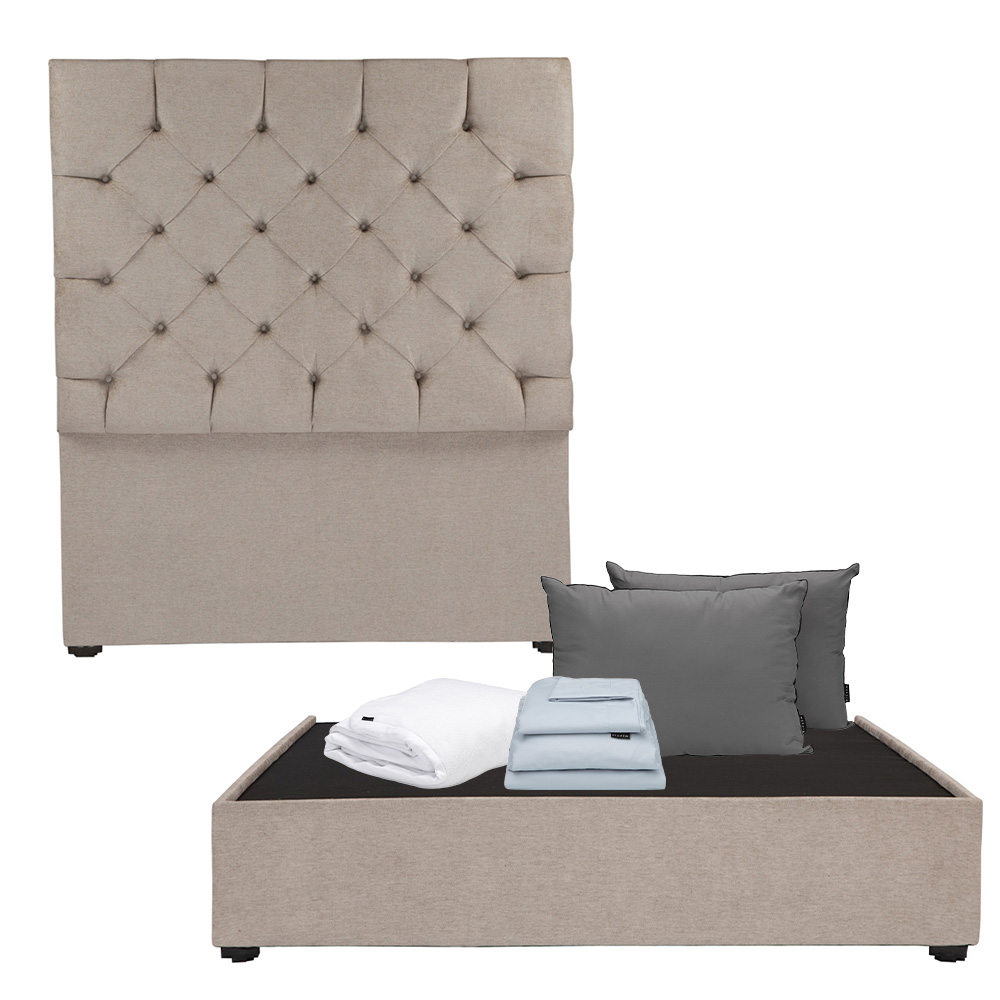 Foto 2 pulgar | Cabecera Dicasa Capri Arena + Base Cama Matrimonial + Almohada 2pack + Protector Cloud + Sabanas Softy