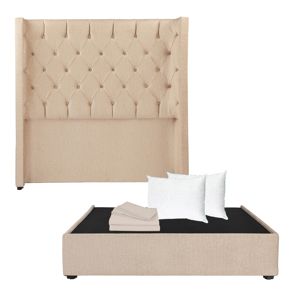 Cabecera Dicasa Tartuk Beige Matrimonial + Base Cama + Almohada Oso 2 + Sábanas Basic