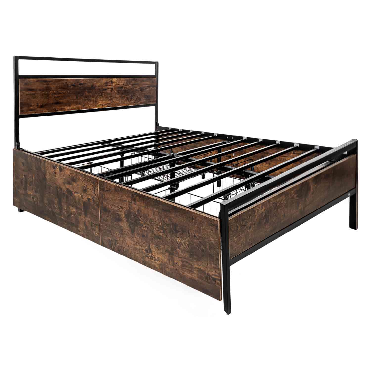 Base Cama Country Matrimonial Tipo Madera Cajones Metal Houzer