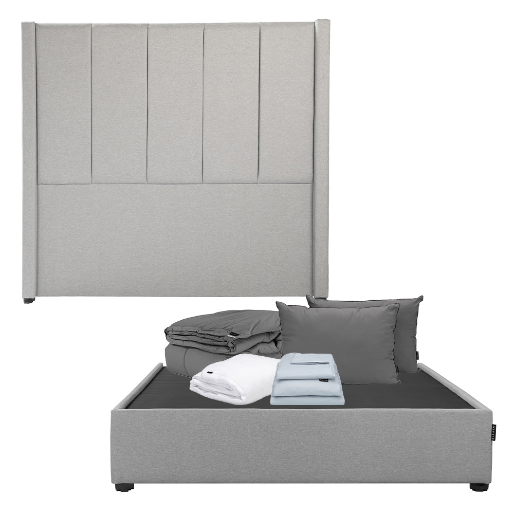 Cabecera Dicasa Nizza Gris Queen Size + Base Cama + Almohada 2pack + Protector Cloud + Sabanas Soft + Edredon Homy