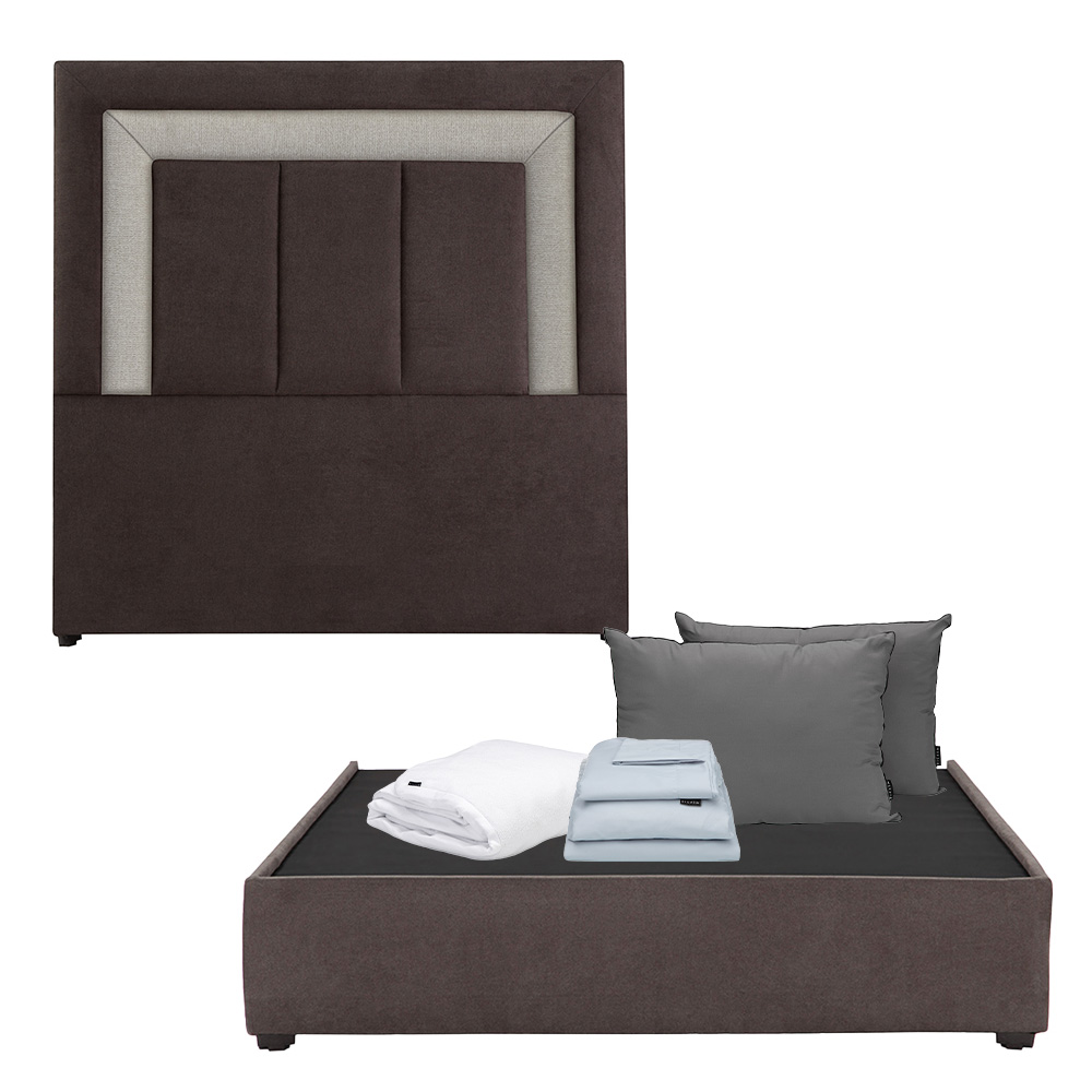 Cabecera Dicasa Bora Chocolate Queen Size + Base Cama + Almohada 2pack + Protector Cloud+ Sabanas Softy